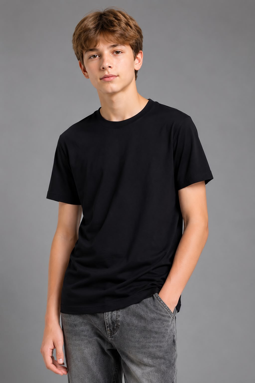 Boys Cotton Solid Black  Round Neck T-Shirt - CB-236